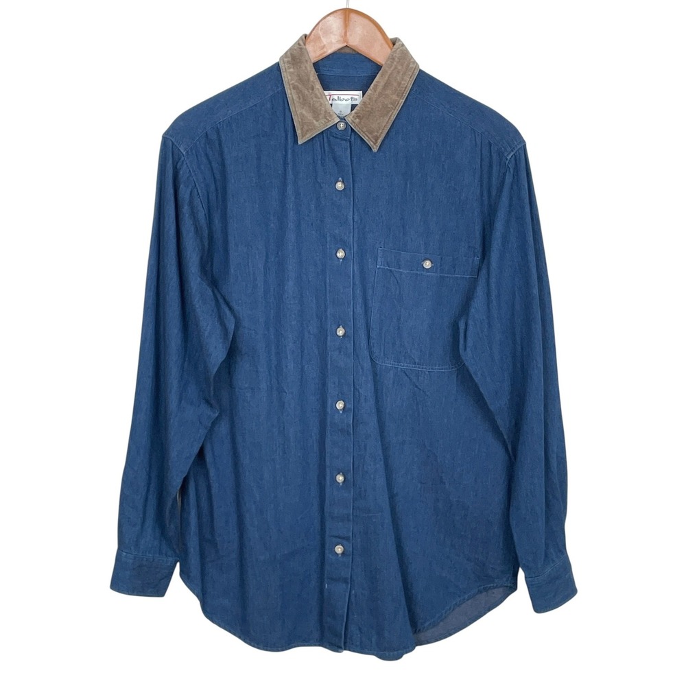 VTG Talbots Suede Collar Blue Denim Button Shirt Women S Heritage Preppy Utility